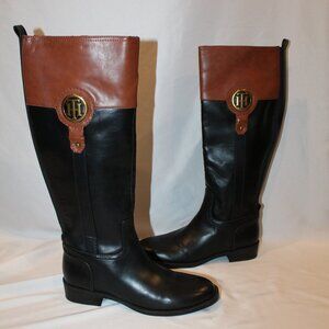 NEW TOMMY HILFIGER WOMEN'S TALL LEATHER BROWN‎ BLACK LOGO BOOTS SZ 6.5